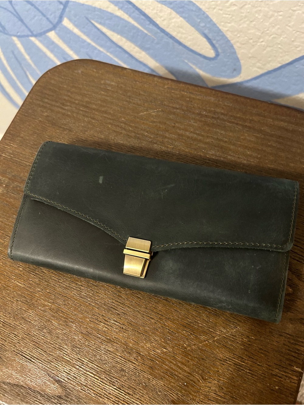 Vintage Style Green Leather Trifold Long Wallet Envelope